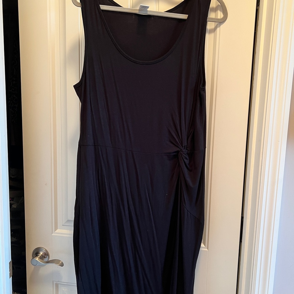 Aqua Blues Elegant Black Midi Dress with Side Knot Detail Sz 2x 18/20